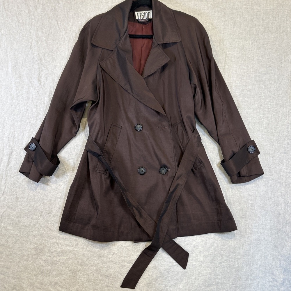 Vintage Vision Women's Trench Coat Brown Metallic Bronze Padded Shoulders S READ